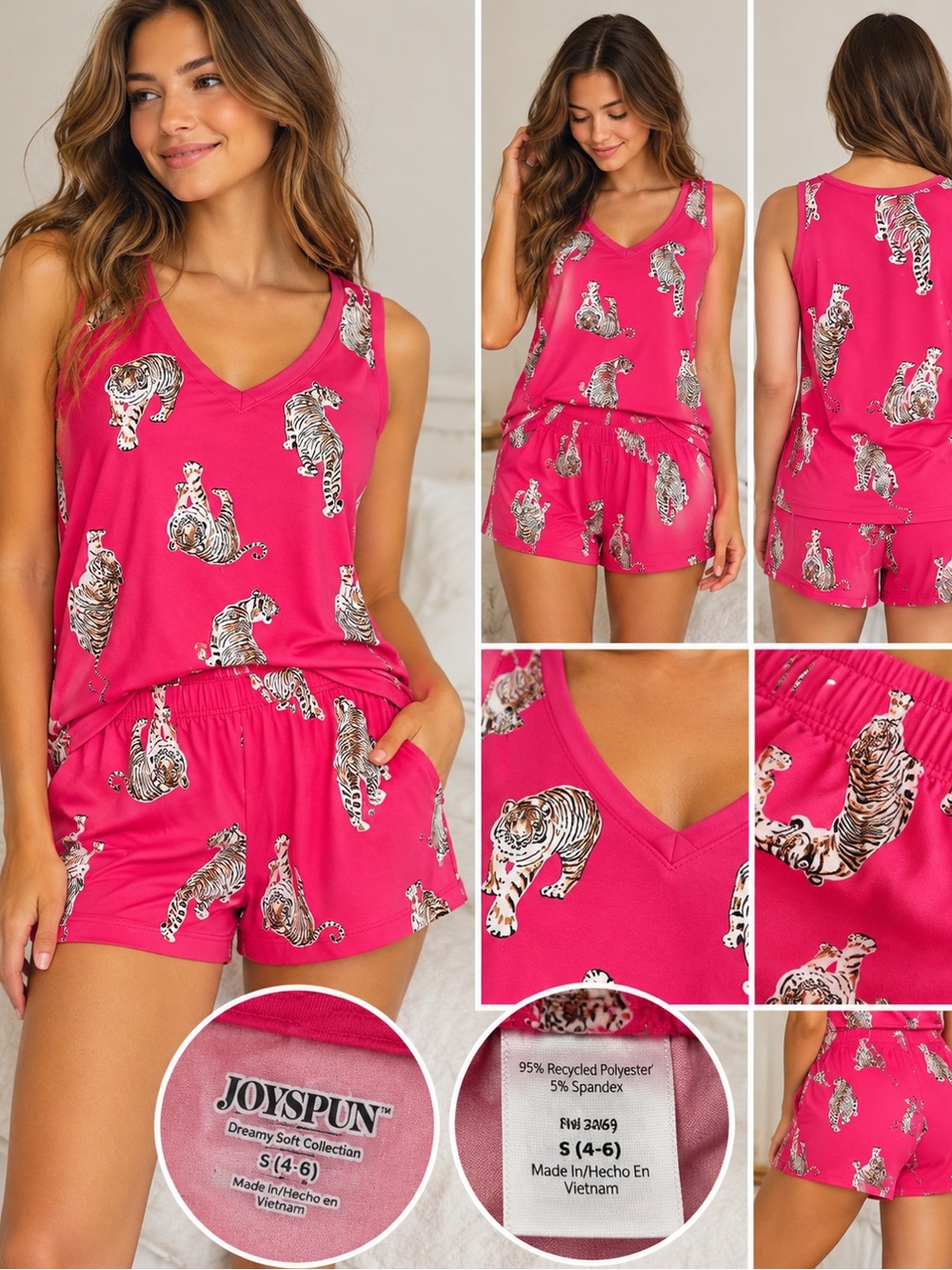 Joyspun Dreamy Soft Pajama Set S Pink Tiger Print Tank Shorts Lounge